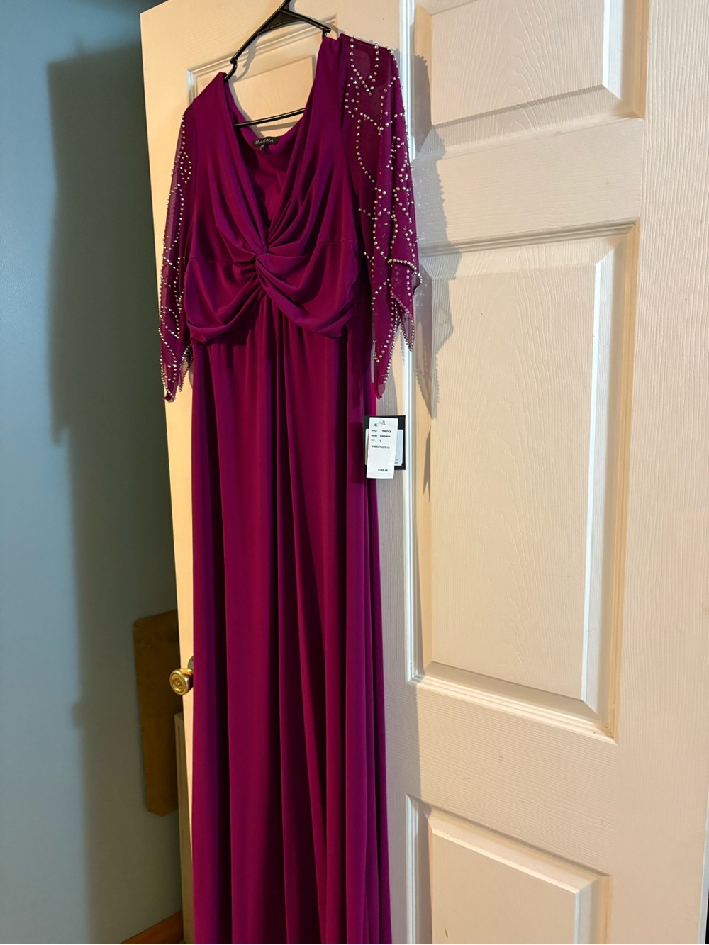 MARINA Magenta Beaded Sleeve Maxi Dress